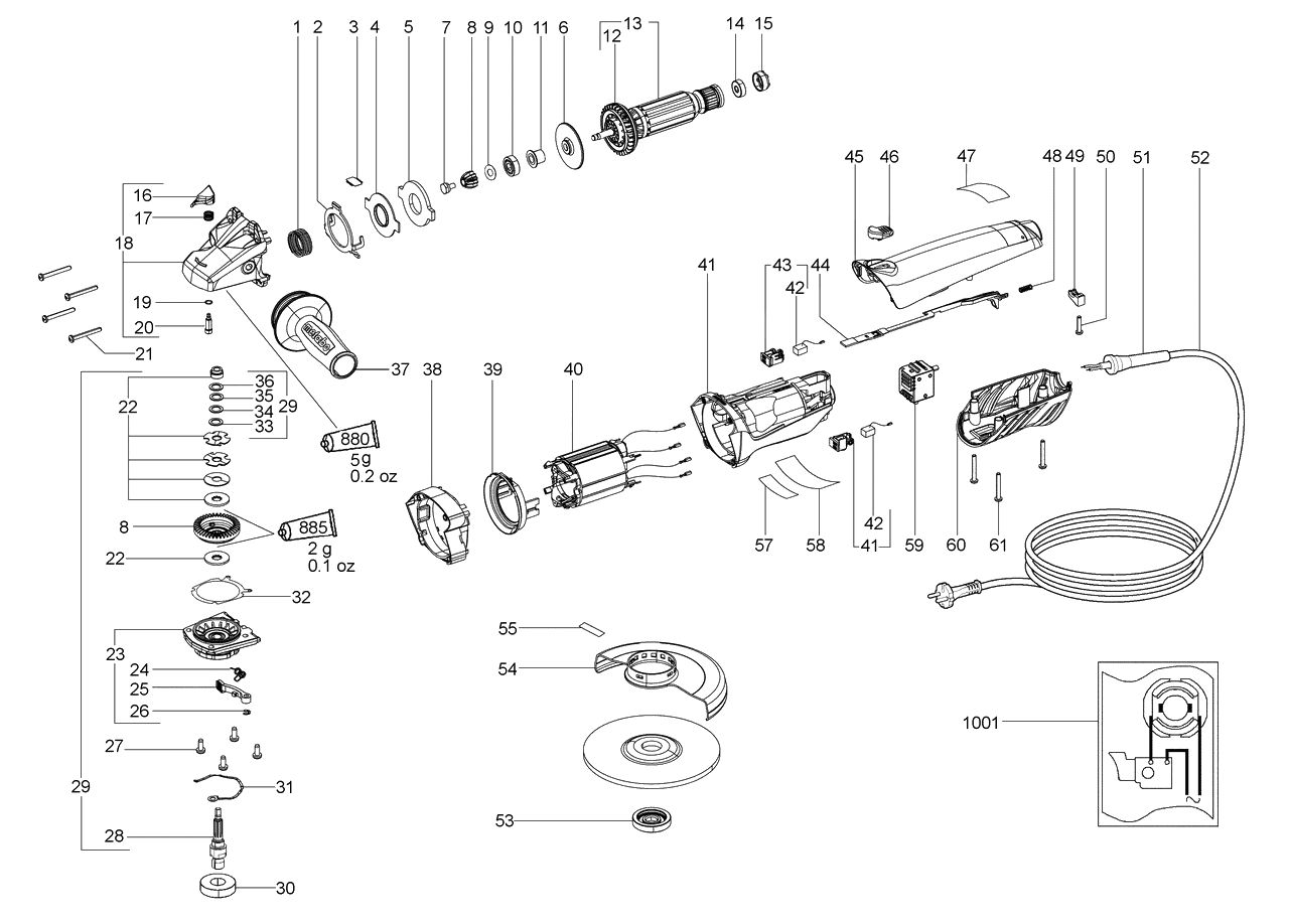 ЗАПЧАСТИ ДЛЯ МАШИНЫ ЭЛЕКТРИЧЕСКОЙ ШЛИФОВАЛЬНОЙ УГЛОВОЙ METABO WBA 11-150 QUICK (ТИП 01104001)