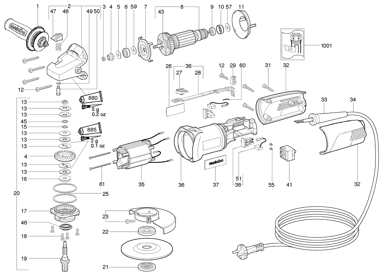 ЗАПЧАСТИ ДЛЯ МАШИНЫ ЭЛЕКТРИЧЕСКОЙ ШЛИФОВАЛЬНОЙ УГЛОВОЙ METABO WQ 1000 (6.20035.00) (ТИП 20035001)