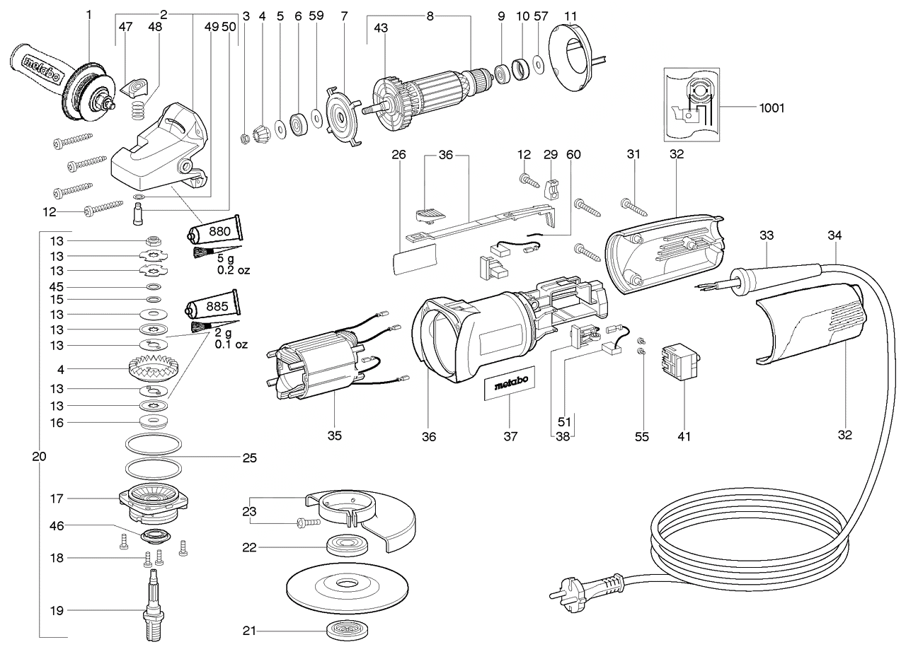 ЗАПЧАСТИ ДЛЯ МАШИНЫ ЭЛЕКТРИЧЕСКОЙ ШЛИФОВАЛЬНОЙ УГЛОВОЙ METABO WQ 1000 (ТИП 20038001)