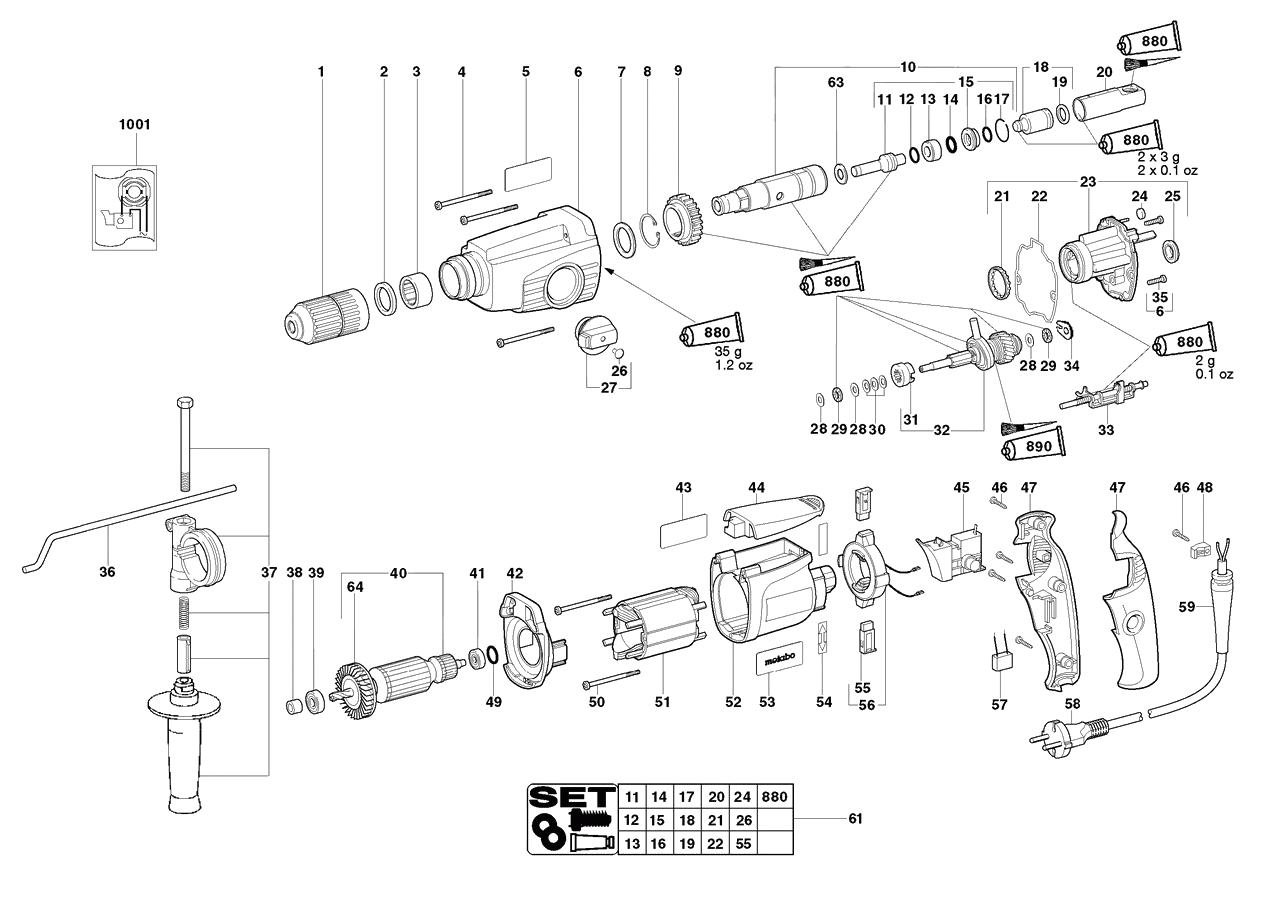 ЗАПЧАСТИ ДЛЯ ПЕРФОРАТОРА ЭЛЕКТРИЧЕСКОГО METABO BHE 22 SP / BHE EURO (ТИП 20015000)