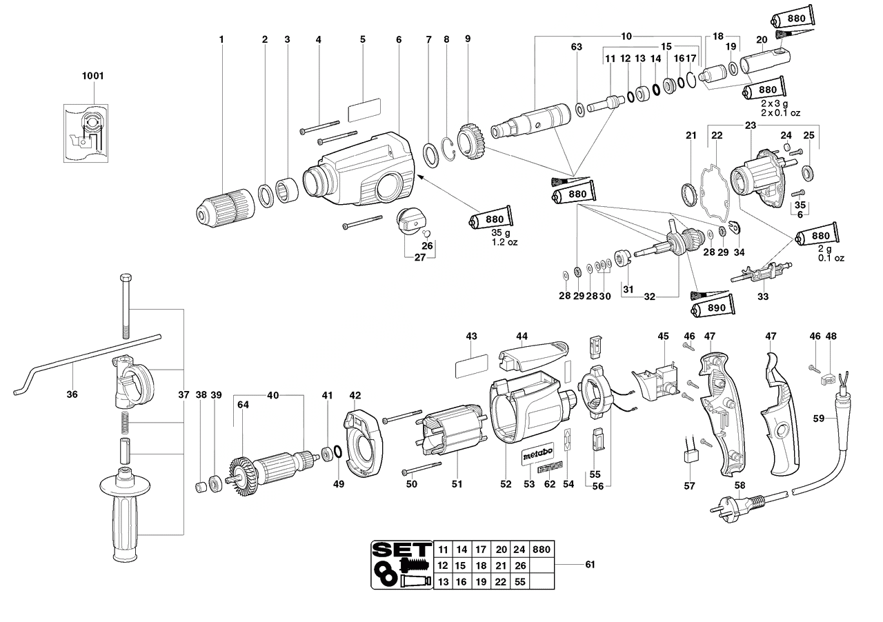 ЗАПЧАСТИ ДЛЯ ПЕРФОРАТОРА ЭЛЕКТРИЧЕСКОГО METABO BHE 24 (ТИП 00243000)