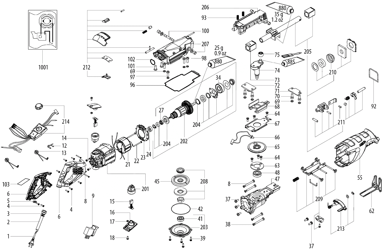 ЗАПЧАСТИ ДЛЯ ПИЛЫ ЭЛЕКТРИЧЕСКОЙ САБЕЛЬНОЙ METABO SSEP 1400 MVT (6.06178.50) (ТИП 06178000)