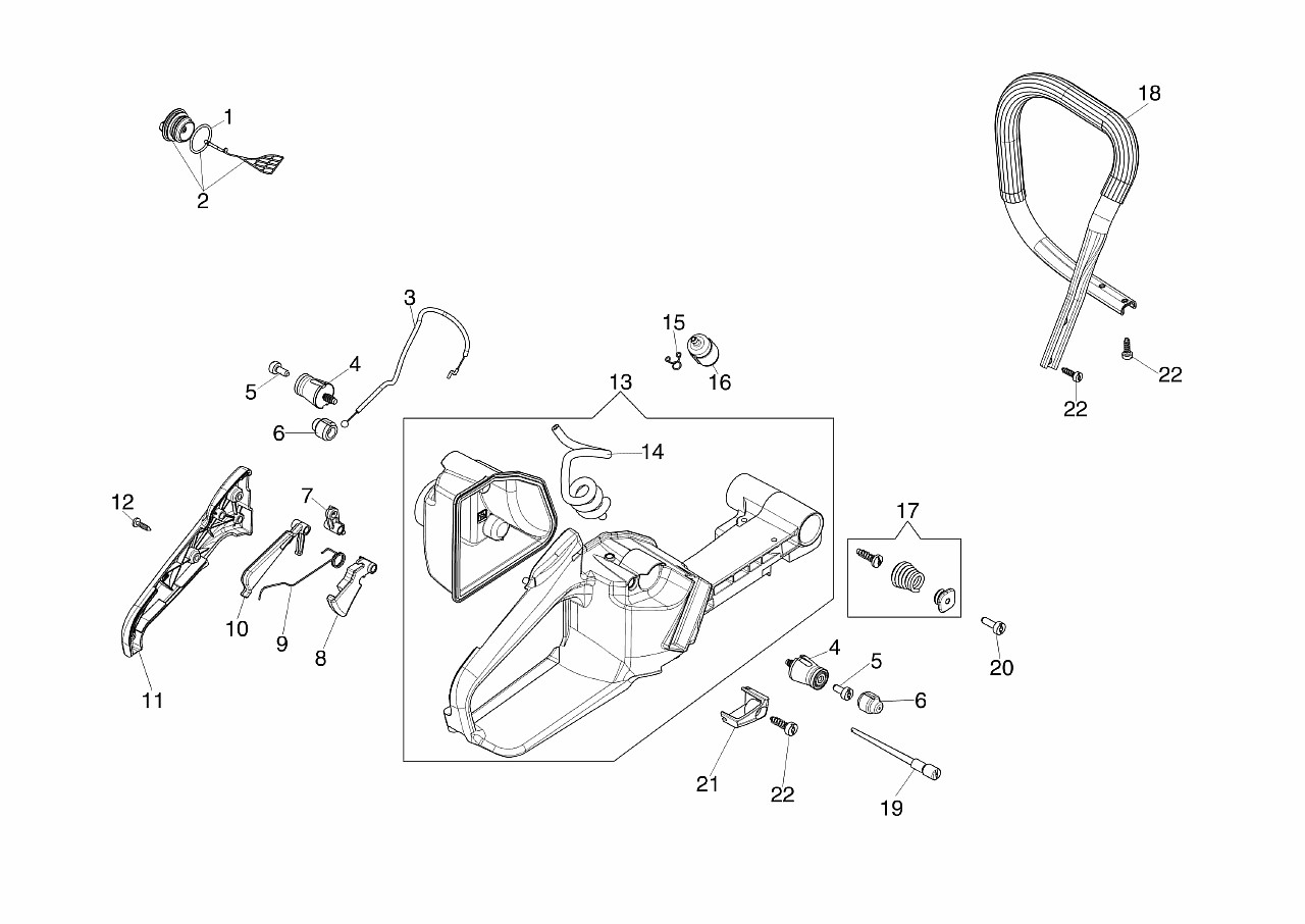 ЗАПЧАСТИ ДЛЯ ПИЛЫ ЦЕПНОЙ БЕНЗИНОВОЙ (БЕНЗОПИЛЫ) OLEO-MAC GS 650 (18,0, 3/8, 1,5) (АРТ. 5025-9001E1) (БАК ТОПЛИВНЫЙ, РУКОЯТКА)