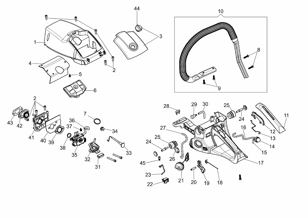 ЗАПЧАСТИ ДЛЯ ПИЛЫ ЦЕПНОЙ БЕНЗИНОВОЙ (БЕНЗОПИЛЫ) OLEO-MAC GSH 51 (18,0, 0,325, 1.3) (АРТ. 5031-9002E1T) (БАК ТОПЛИВНЫЙ, ФИЛЬТР ВОЗДУШНЫЙ)