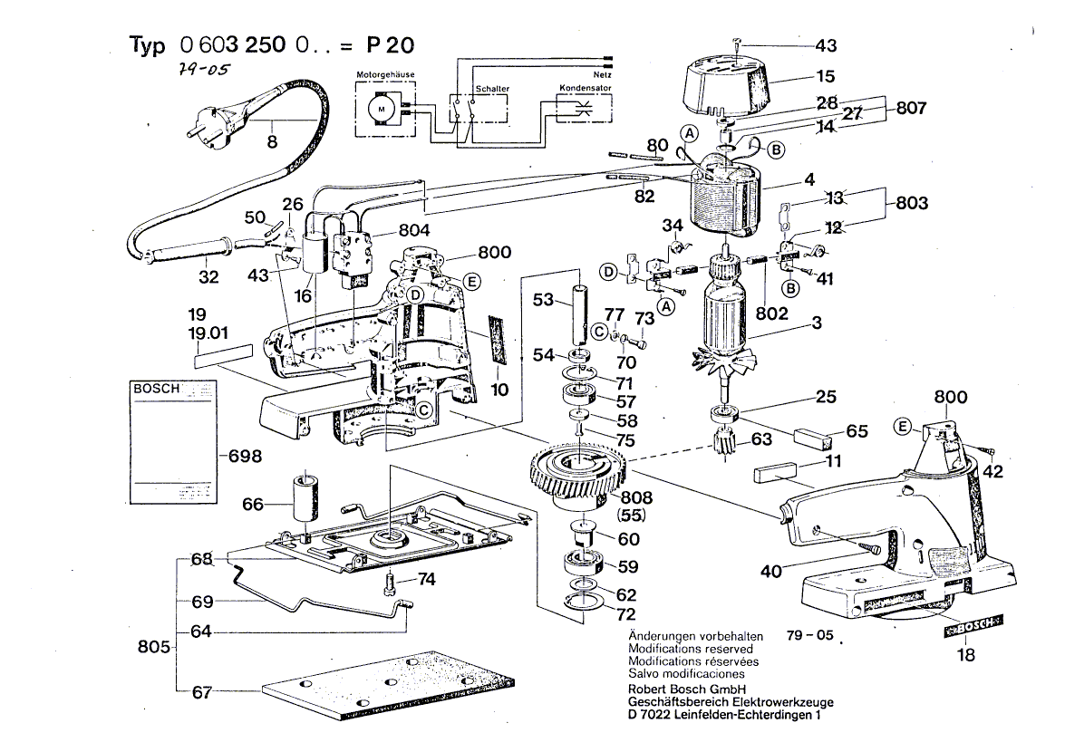 для вибрационной шлифовальной машины Bosch P 20 220 V 0603250003, деталировка 1