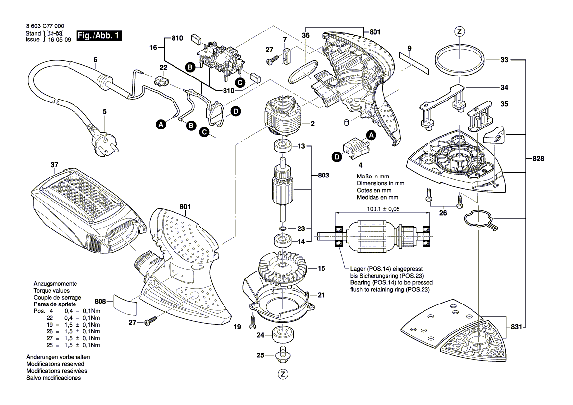 Для вибрационной шлифовальной машины Bosch PSM 160 A 230 V 3603C77000, деталировка 1