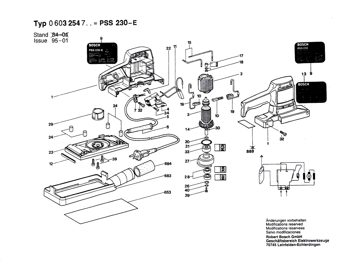 Для вибрационной шлифовальной машины Bosch PSS 230 E 220 V 0603254703, деталировка 1