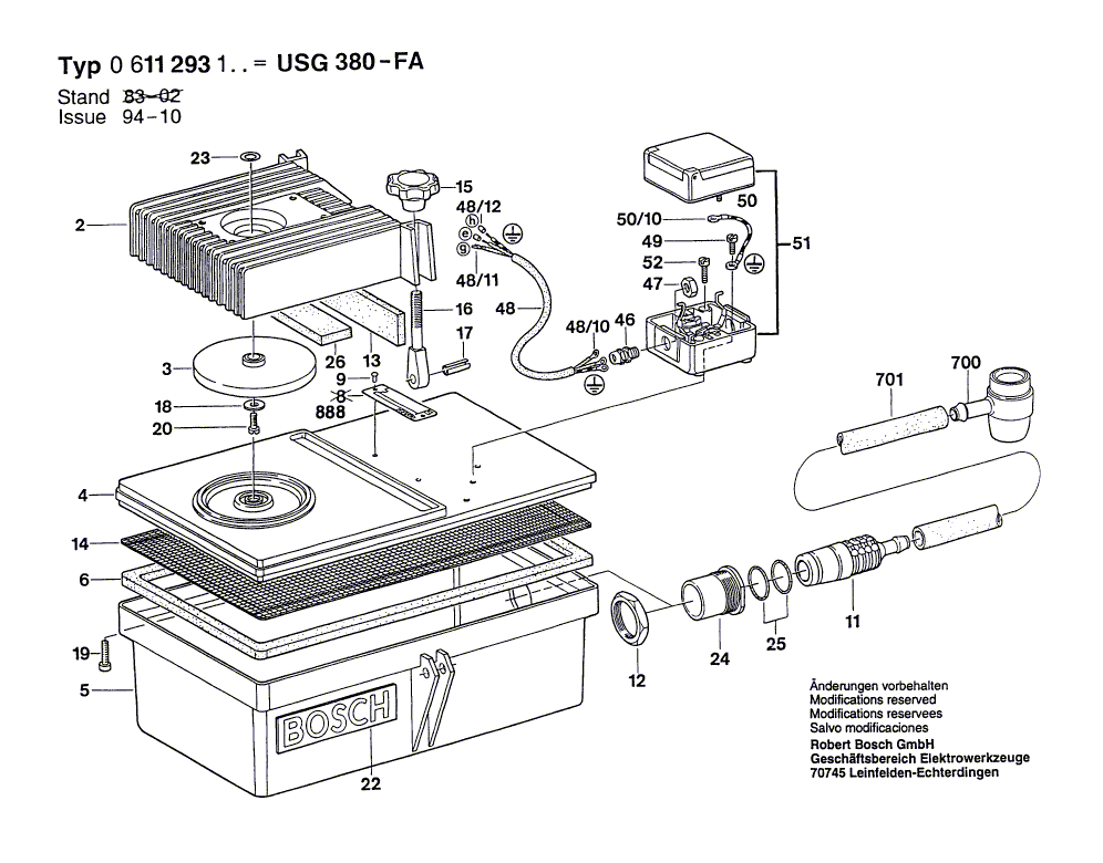 Для всасывающей воздуходувки Bosch USG 380 FA 220 V 0611293103, деталировка 2