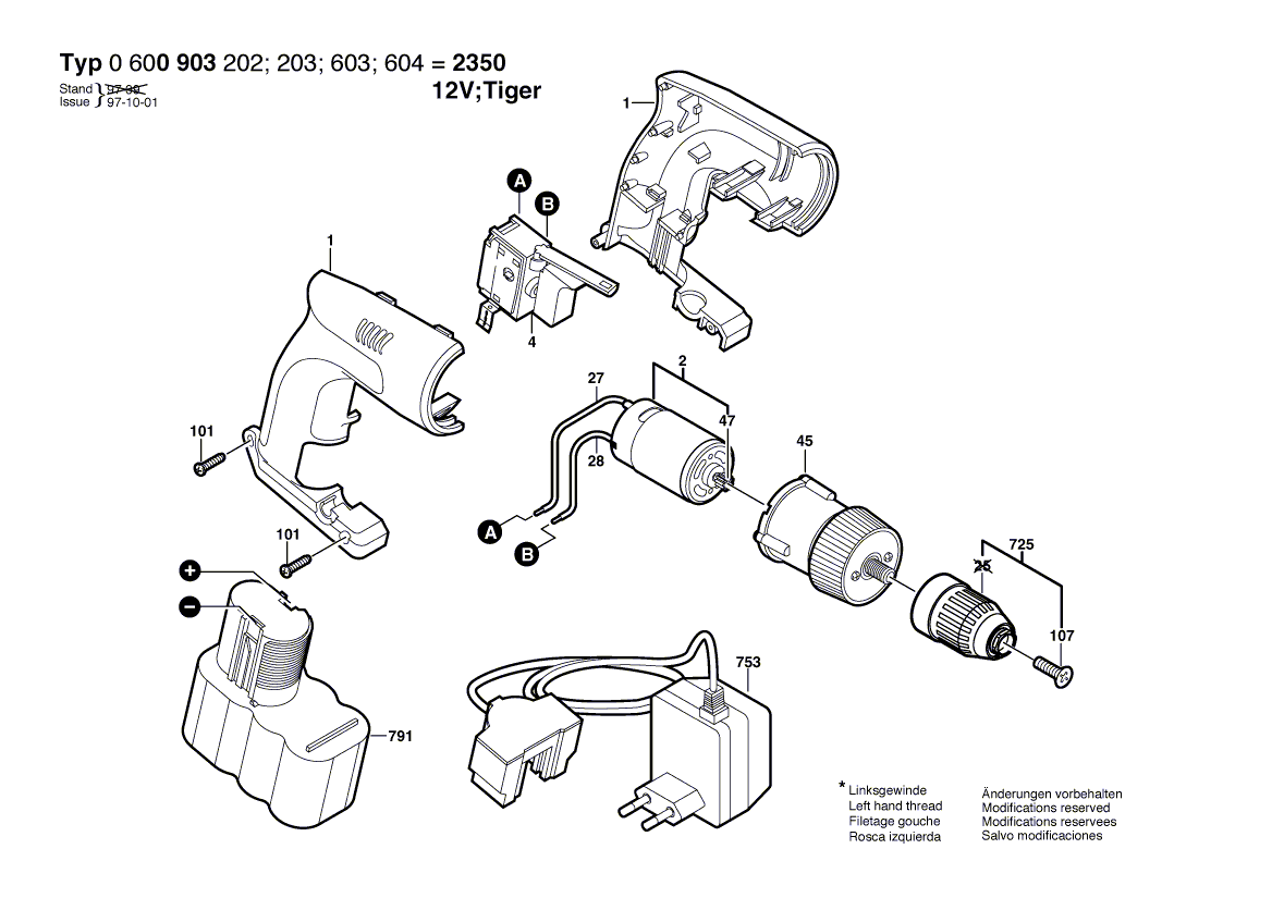 Для аккумуляторного шуруповерта Bosch 2350 12 V TIGER 12 V 0600903202, деталировка 1