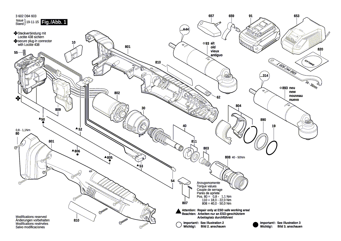 Для аккумуляторного шуруповерта Bosch ANGLE EX ION 30-300 18 V 3602D94603, деталировка 1