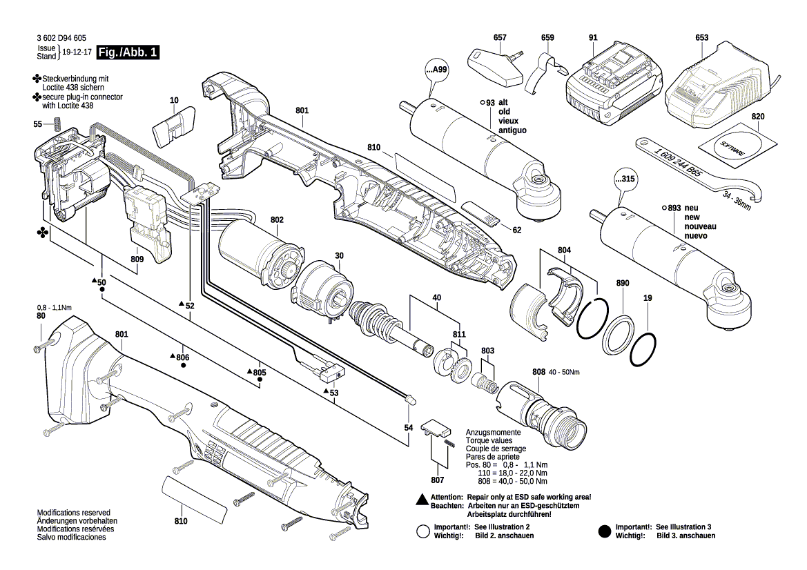 Для аккумуляторного шуруповерта Bosch ANGLE EX ION 50-210 18 V 3602D94605, деталировка 1