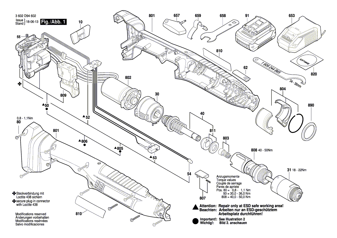 Для аккумуляторного шуруповерта Bosch ANGLE EXACT ION 23-380 18 V 3602D94602, деталировка 1