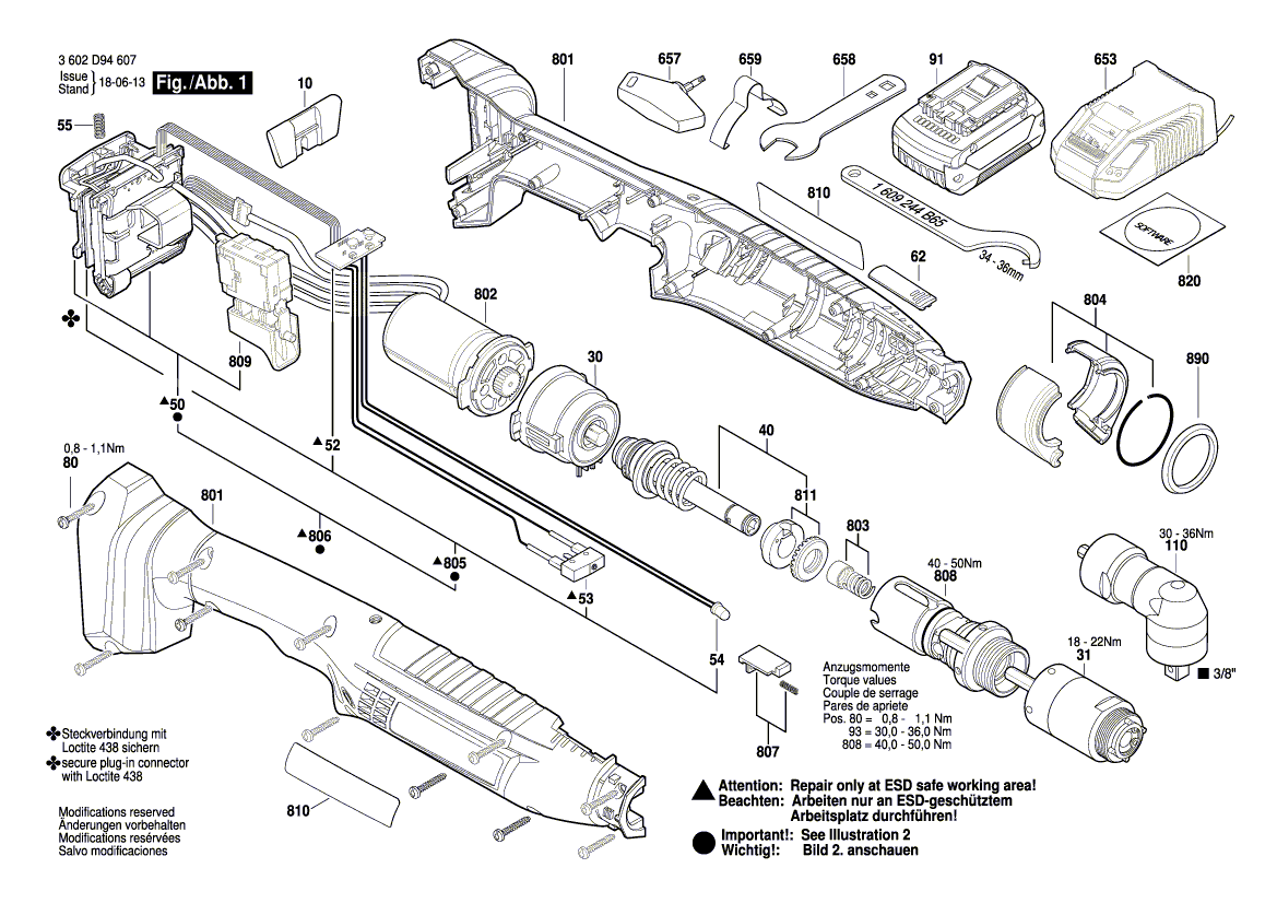 Для аккумуляторного шуруповерта Bosch ANGLE EXACT ION 30-290 18 V 3602D94607, деталировка 1