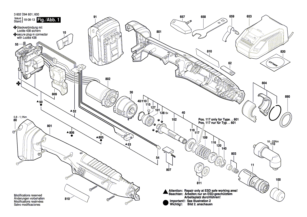 для аккумуляторного шуруповерта Bosch ANGLE EXACT ION 8-1100 18 V 3602D94600, деталировка 1