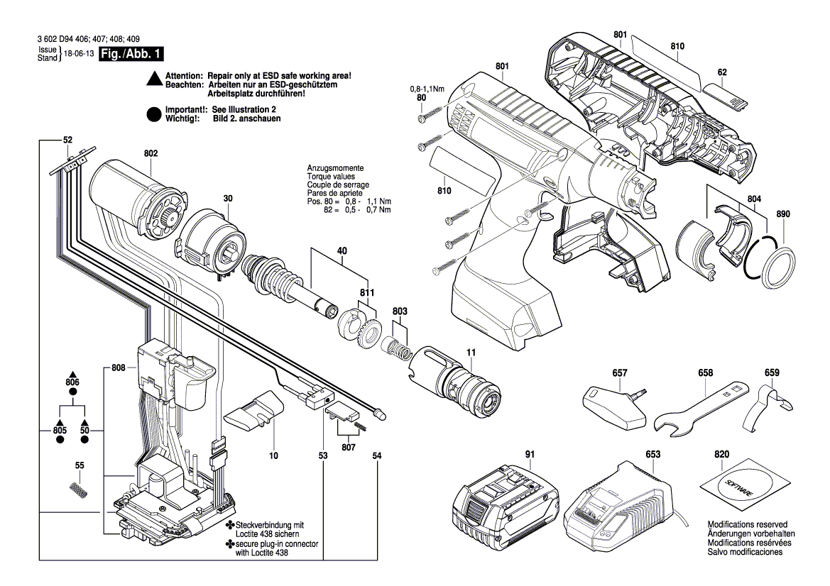 Для аккумуляторного шуруповерта Bosch EXACT ION 12-450 WK 18 V 3602D94409, деталировка 1