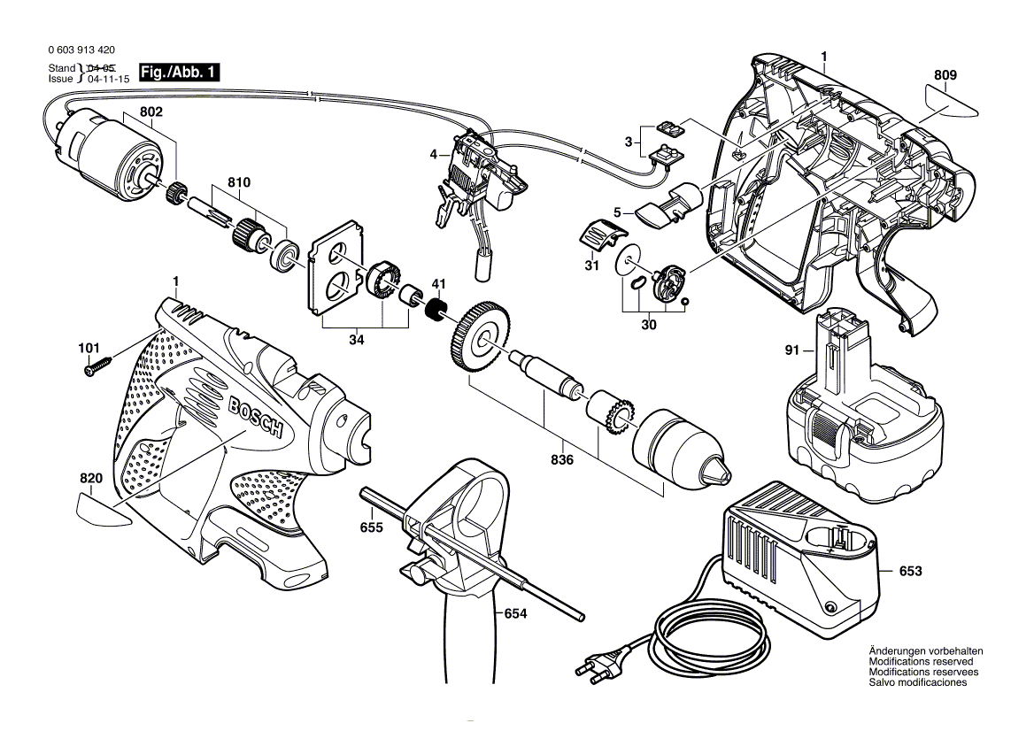 Для аккумуляторного шуруповерта Bosch PSB 14,4 V-i 14.4 V 0603913490, деталировка 1