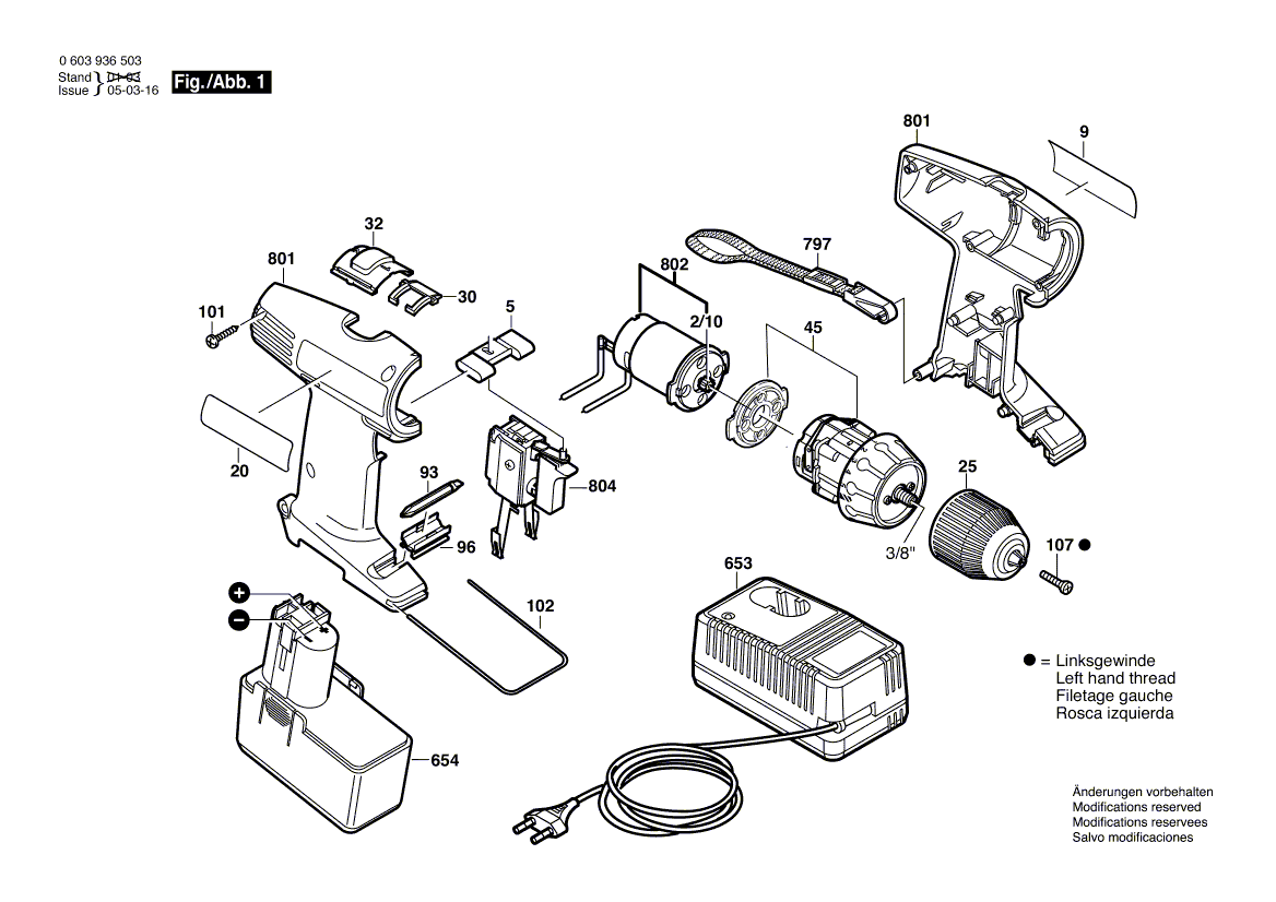 Для аккумуляторного шуруповерта Bosch PSR 12 VES-2 12 V 0603936503, деталировка 1