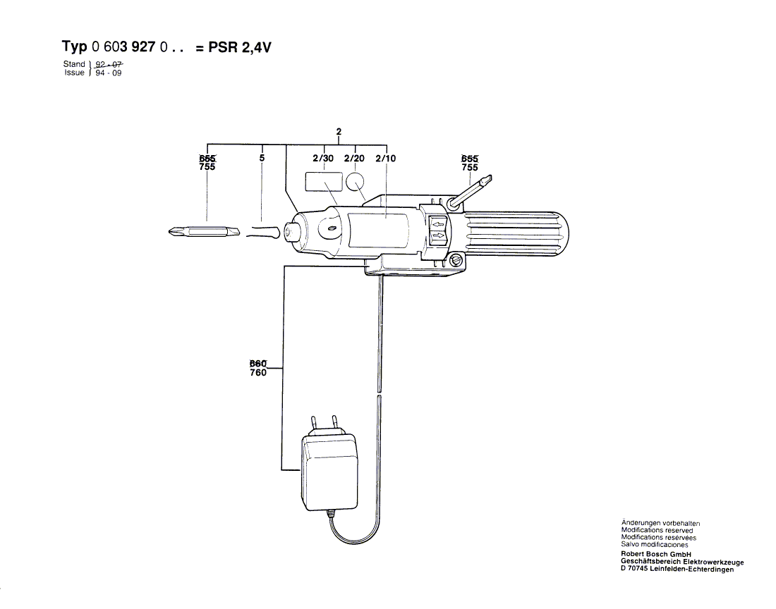 Для аккумуляторного шуруповерта Bosch PSR 2,4 V 2.4 V 0603927003, деталировка 1