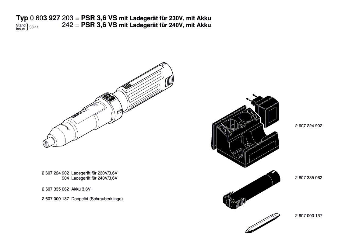 Для аккумуляторного шуруповерта Bosch PSR 3,6 V 3.6 V 0603927203, деталировка 1