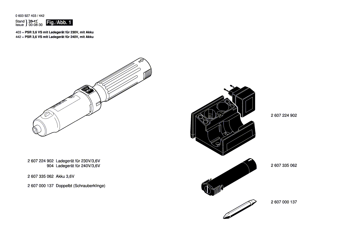 Для аккумуляторного шуруповерта Bosch PSR 3,6 VS 3.6 V 0603927403, деталировка 1