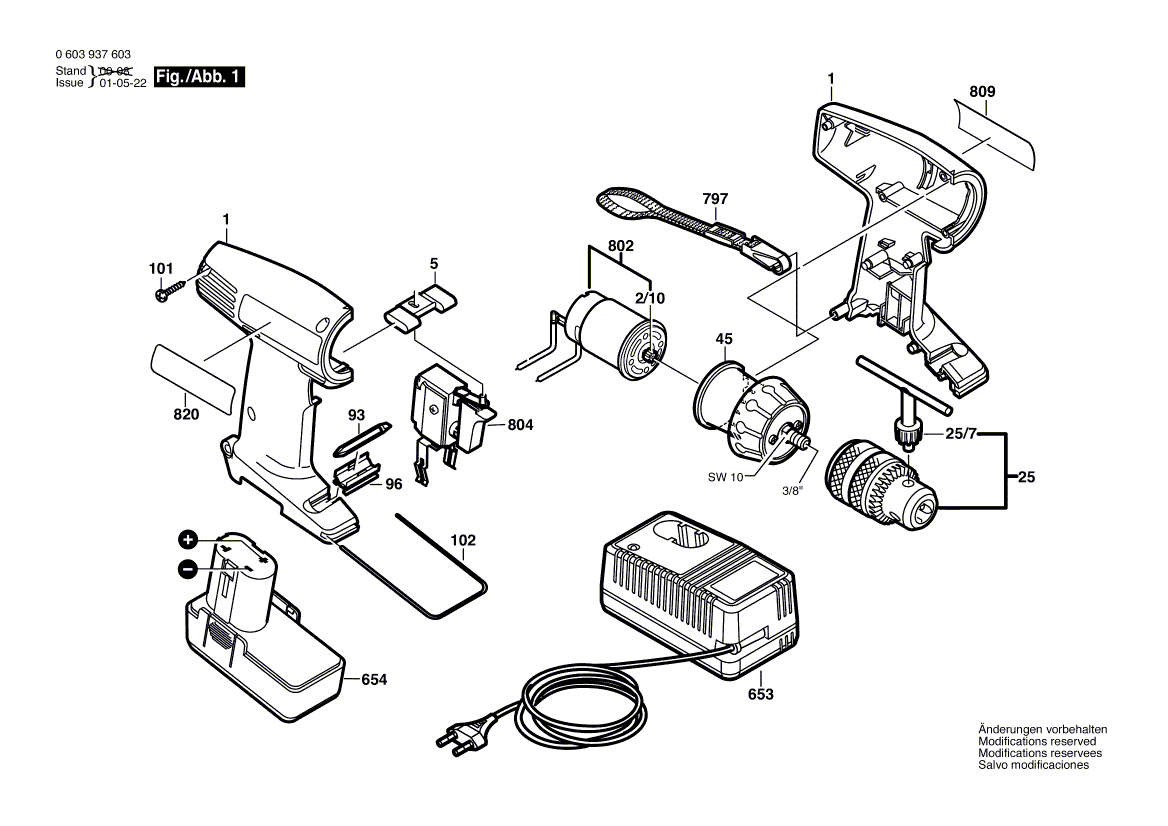 Для аккумуляторного шуруповерта Bosch PSR 9,6 VE 9.6 V 0603937603, деталировка 1