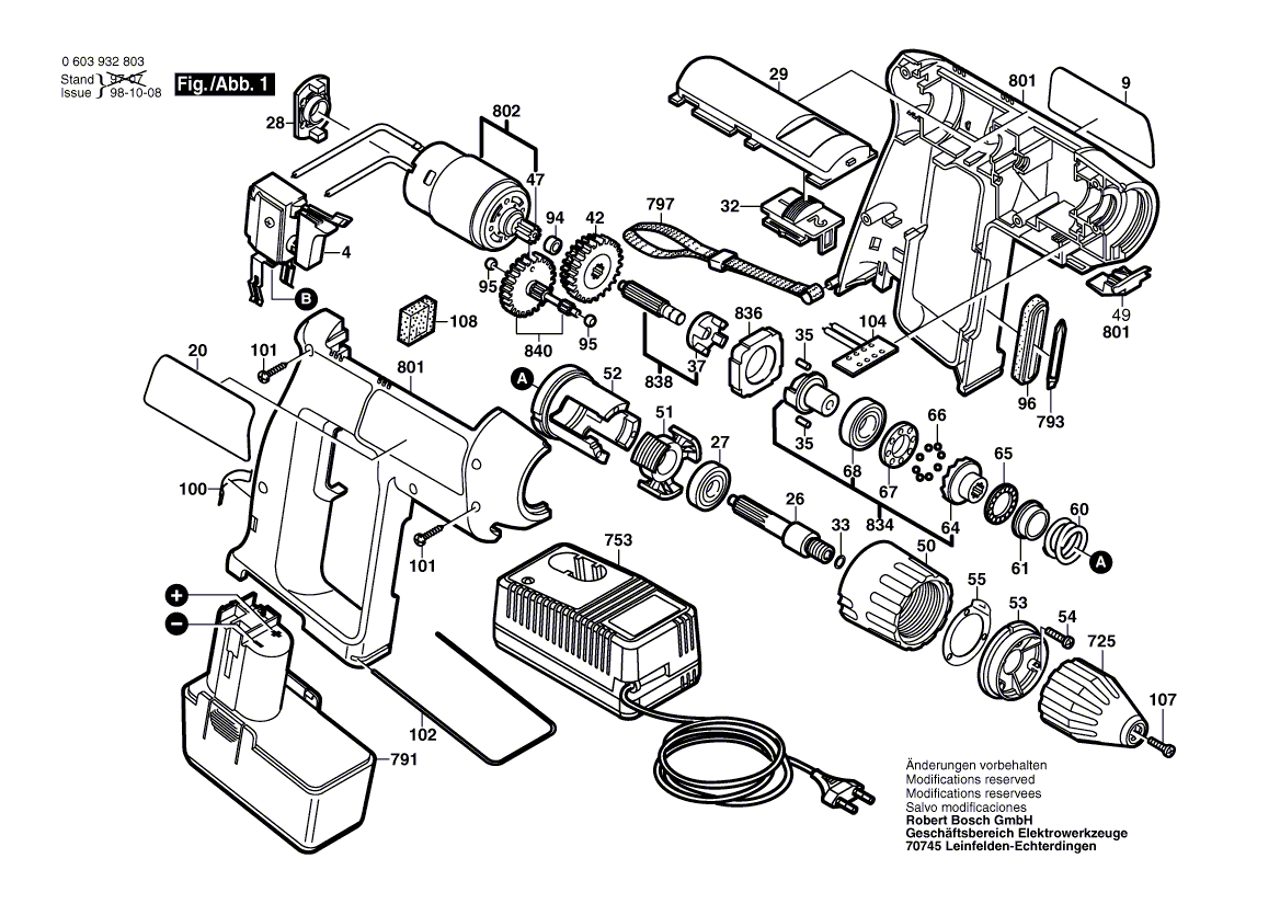 Для аккумуляторного шуруповерта Bosch PSR 9,6 VES-2 9.6 V 0603932803, деталировка 1