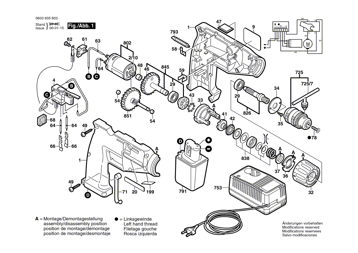 Для аккумуляторного шуруповерта Bosch SR 9,6 E 9.6 V 0603935603, деталировка 1