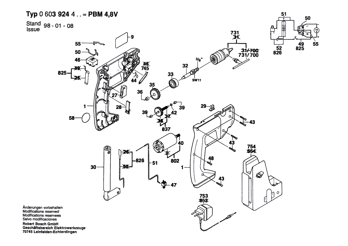 Для аккумуляторной дрели Bosch PBM 4,8 V 4.8 V 0603924403, деталировка 1