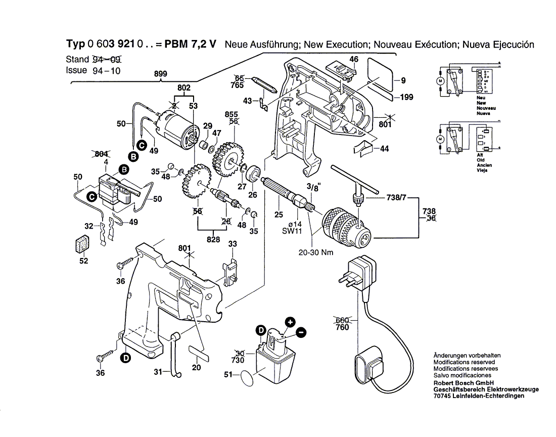 Для аккумуляторной дрели Bosch PBM 7,2 V 7.2 V 0603921003, деталировка 1