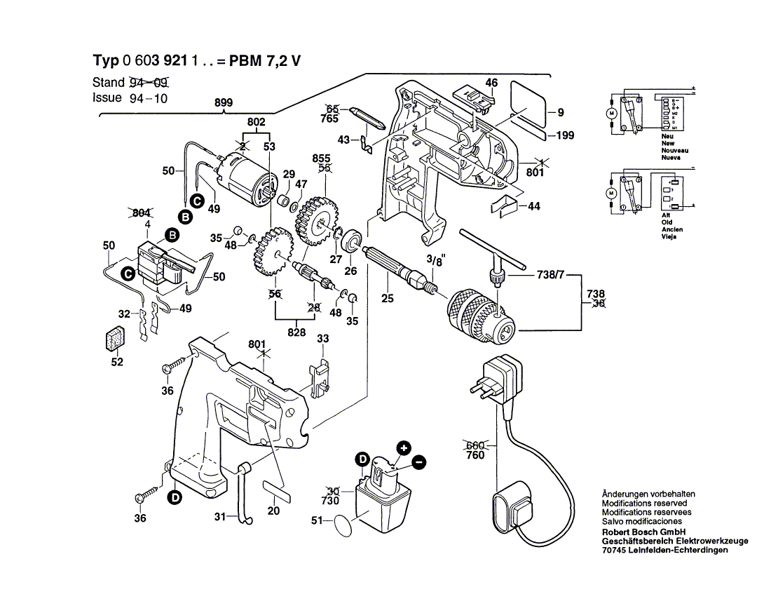 Для аккумуляторной дрели Bosch PBM 7,2 V 7.2 V 0603921123, деталировка 1