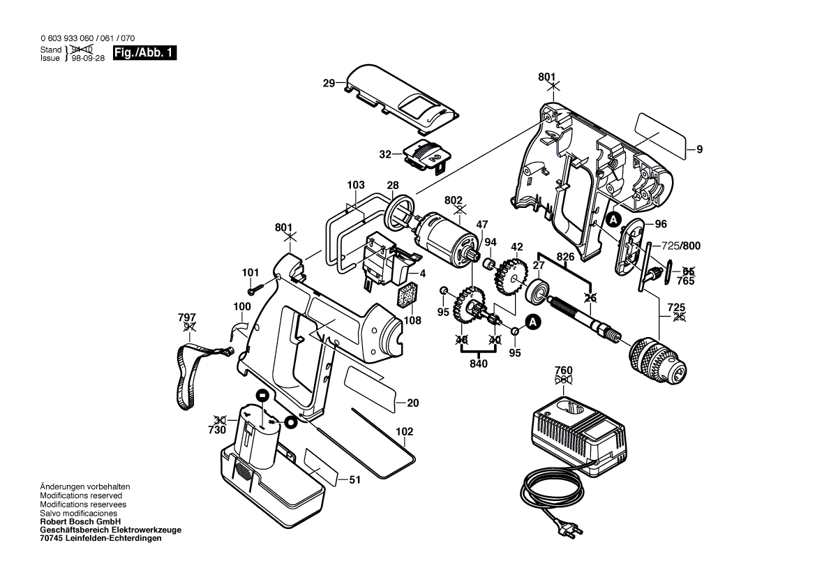 Для аккумуляторной дрели Bosch PBM 7,2 V-2 7.2 V 0603933060, деталировка 1