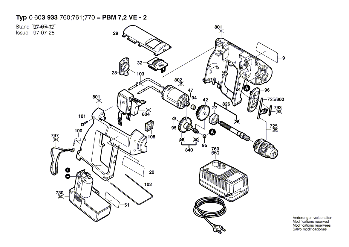 Для аккумуляторной дрели Bosch PBM 7,2 VE-2 7.2 V 0603933760, деталировка 1