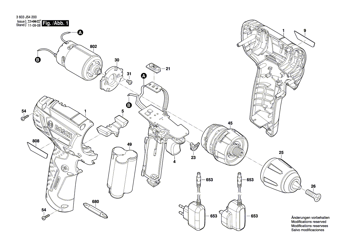 Для аккумуляторной дрели-шуруповерта Bosch PSR 10,8 LI 10.8 V 3603J54200, деталировка 1