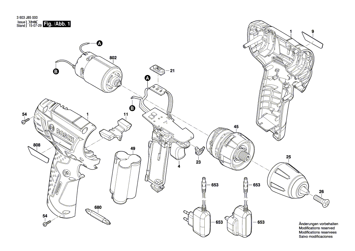 Для аккумуляторной дрели-шуруповерта Bosch PSR 1080 LI 10.8 V 3603J85000, деталировка 1