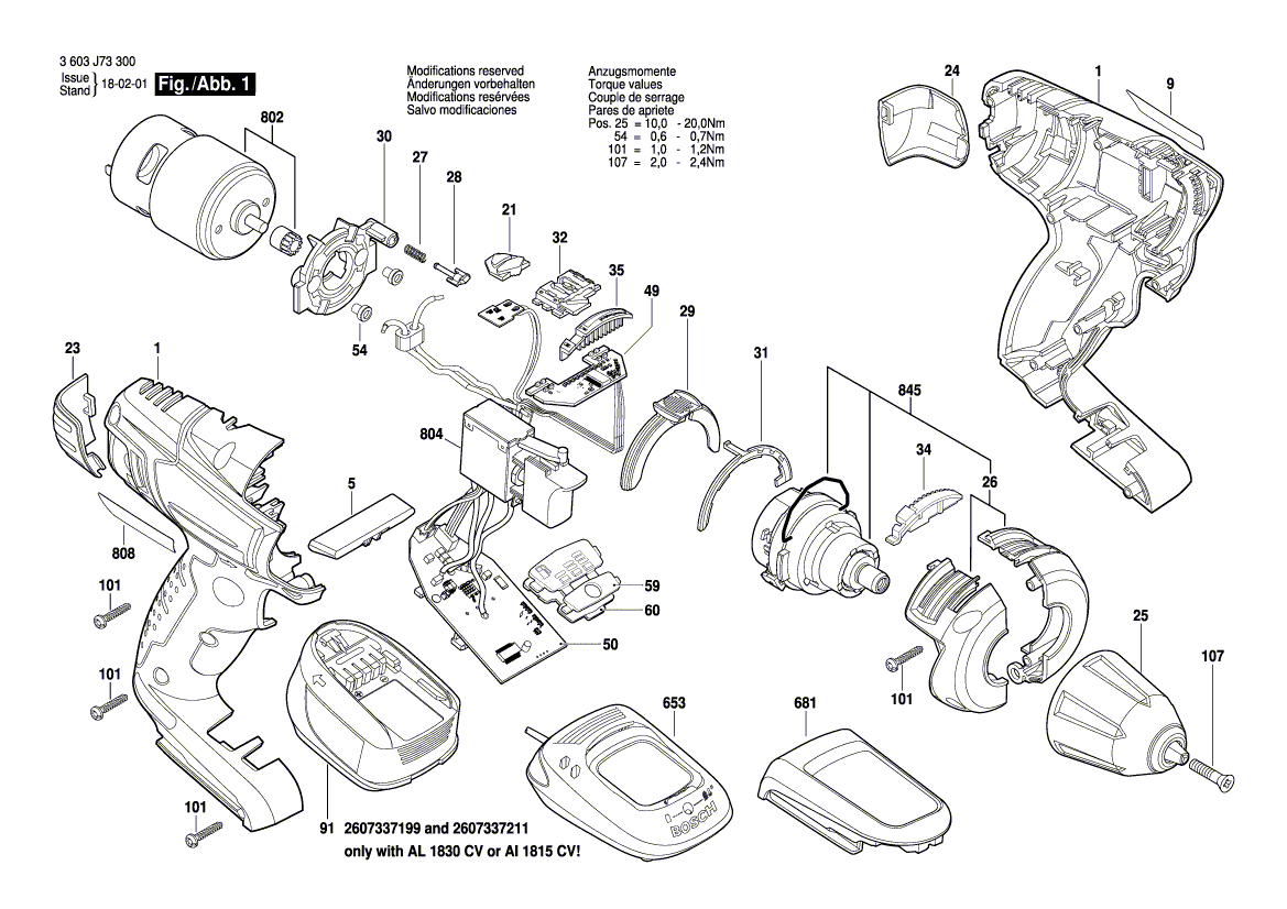 Для аккумуляторной дрели-шуруповерта Bosch PSR 18 LI-2 18 V 3603J73300, деталировка 1