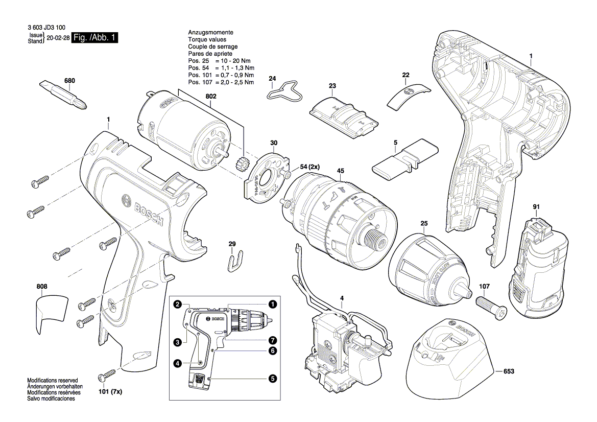 Для аккумуляторной ударной дрели Bosch EasyImpact 1200 12 V 3603JD3100, деталировка 1