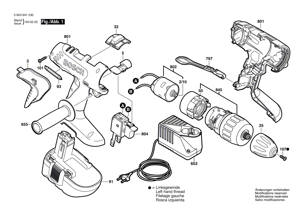 Для аккумуляторной ударной дрели Bosch PSB 24 VE-2 24 V 0603941230, деталировка 1