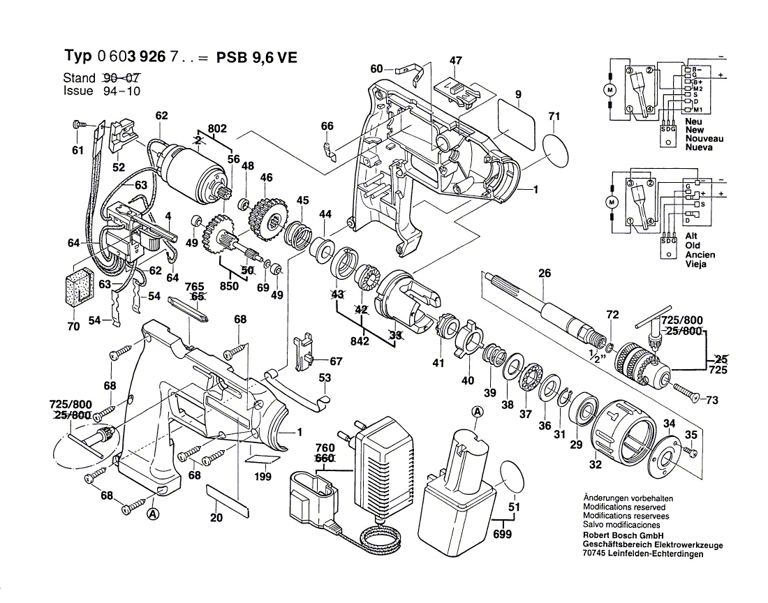 Для аккумуляторной ударной дрели Bosch PSB 9,6 VE 9.6 V 0603926703, деталировка 1