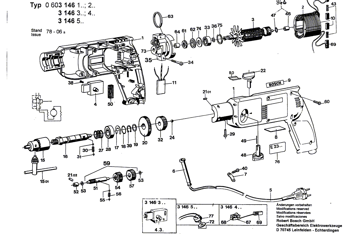 для дрели Bosch E23 SB0 220 V 0603146503, деталировка 1