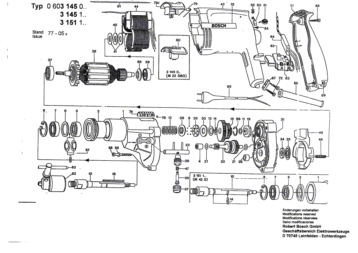 для ударной дрели Bosch M 42 SB 220 V 0603145103, деталировка 1