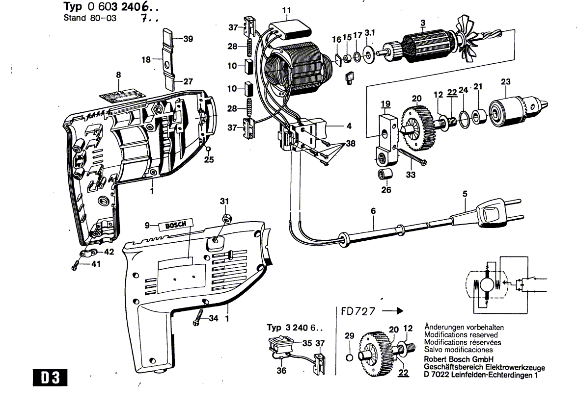 для ударной дрели Bosch P 120 SB 220 V 0603240603, деталировка 1