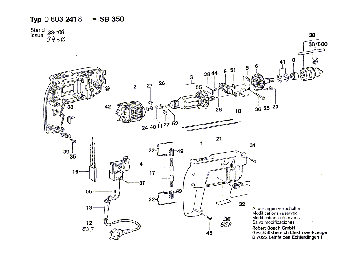 для ударной дрели Bosch SB 350 220 V 0603241803, деталировка 1