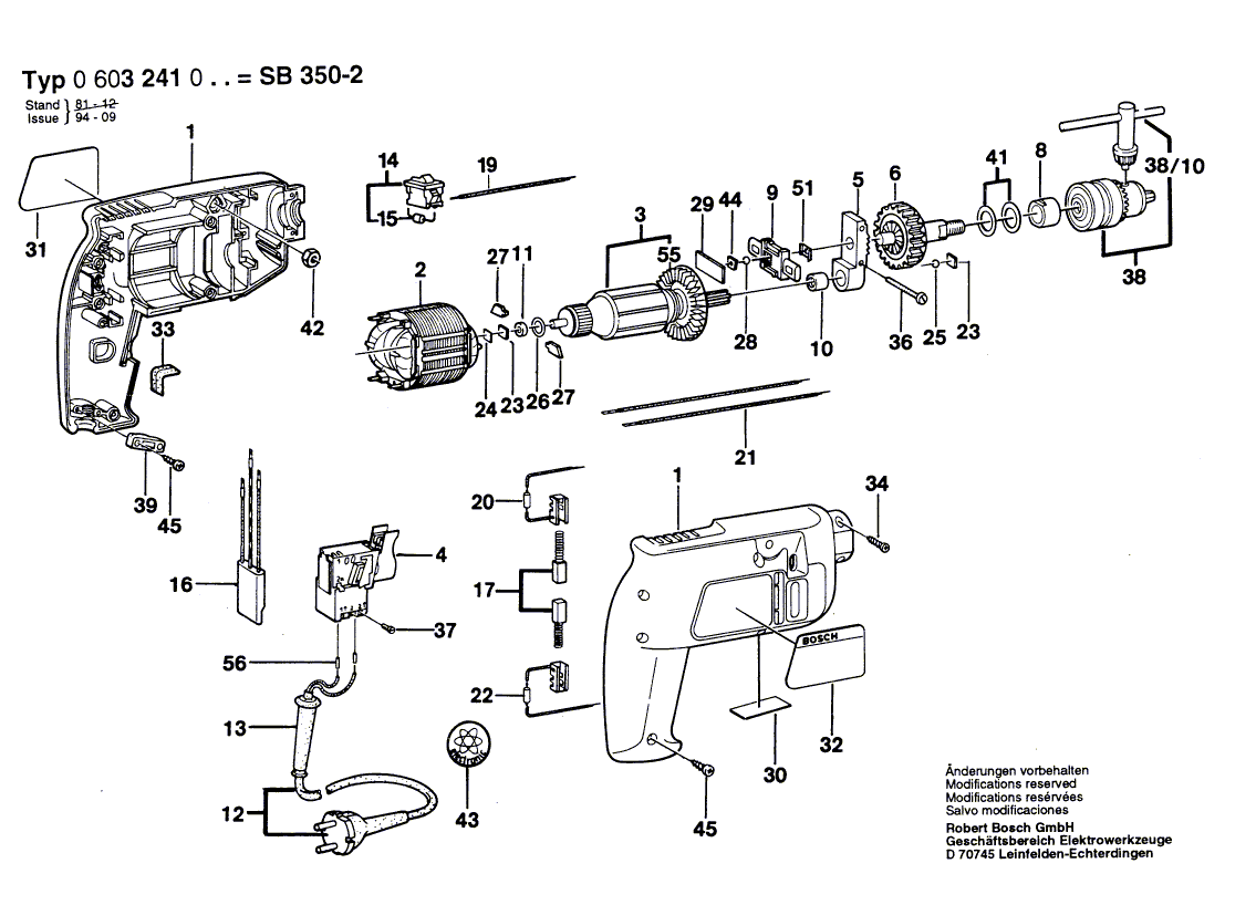 для ударной дрели Bosch SB 350-2 220 V 0603241003, деталировка 1