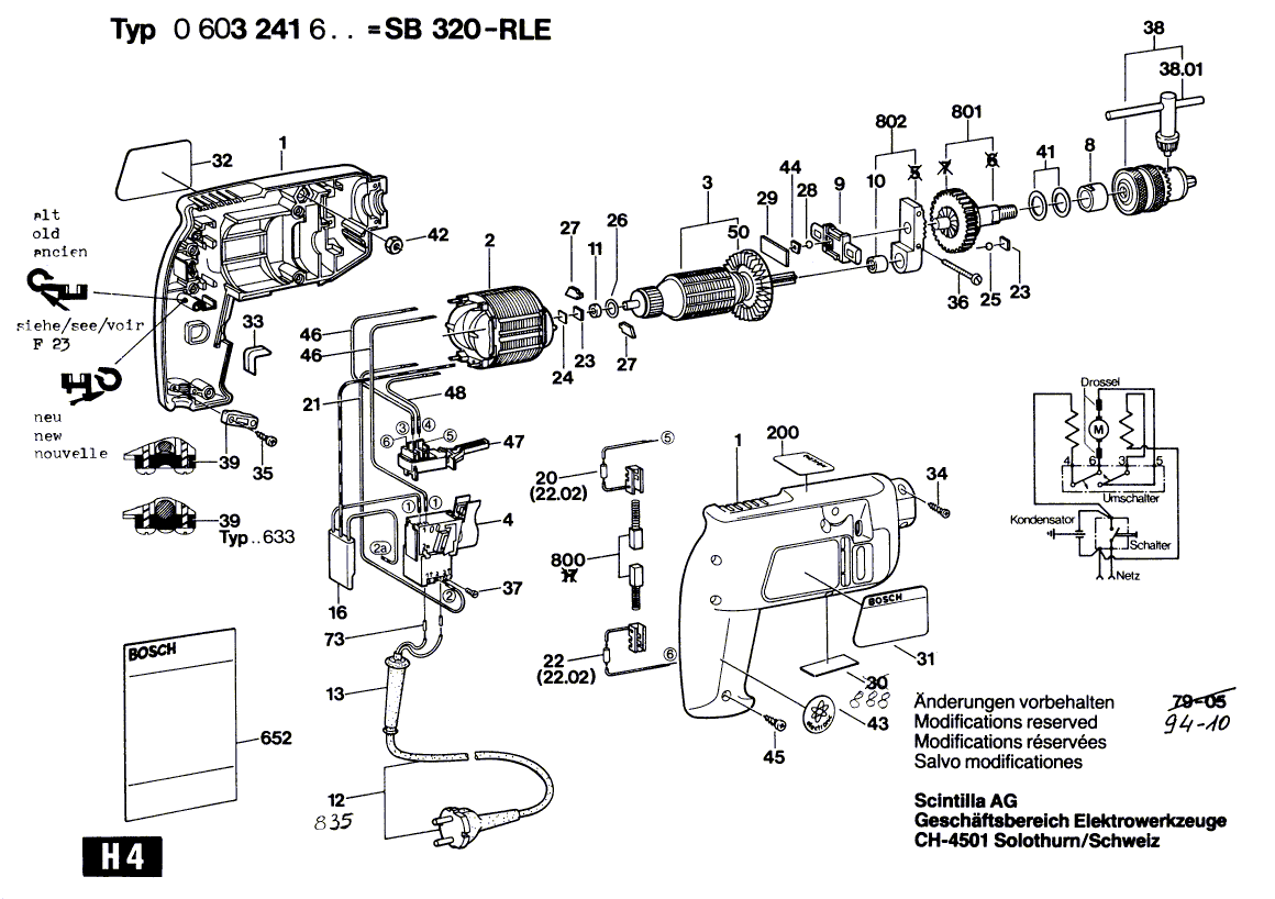 для ударной дрели Bosch SB 400 RLE 220 V 0603241603, деталировка 1