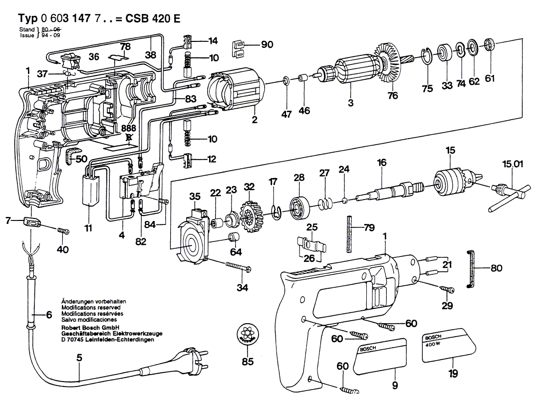 Для ударной дрели Bosch CSB 420-E 220 V 0603147703, деталировка 1