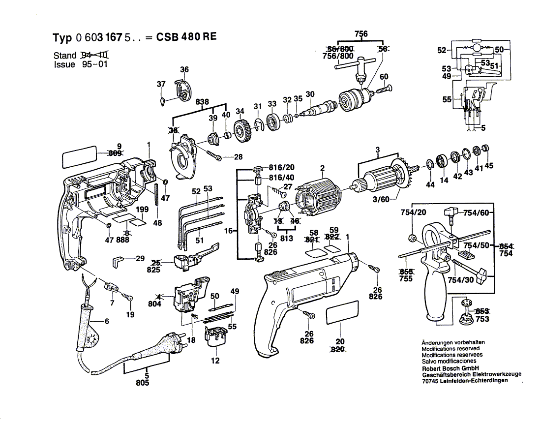 Для ударной дрели Bosch CSB 480 RE 220 V 0603167503, деталировка 1