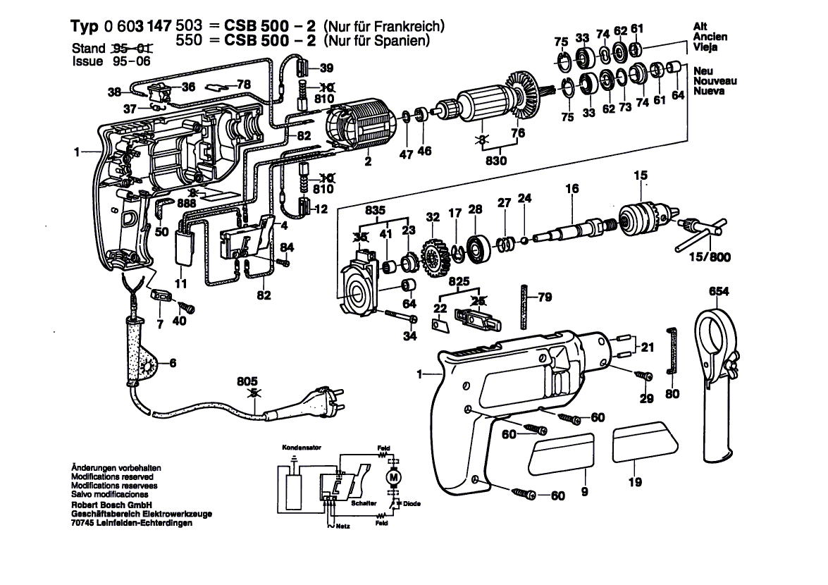 для ударной дрели Bosch CSB 500-2 220 V 0603147503, деталировка 1