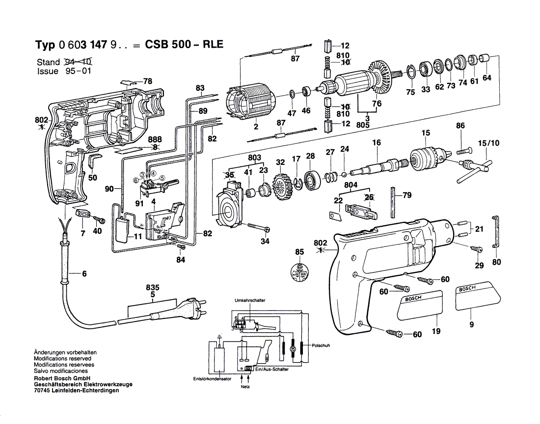 Для ударной дрели Bosch CSB 500-RLE 220 V 0603147903, деталировка 1