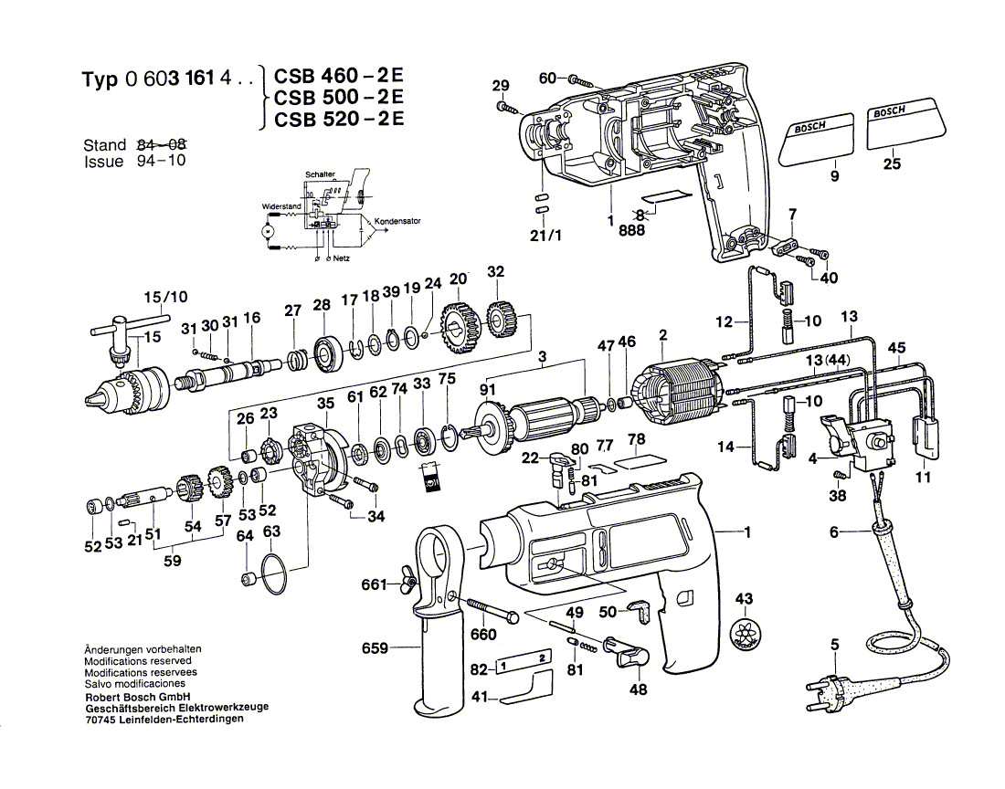 Для ударной дрели Bosch CSB 520-2E 220 V 0603161403, деталировка 1