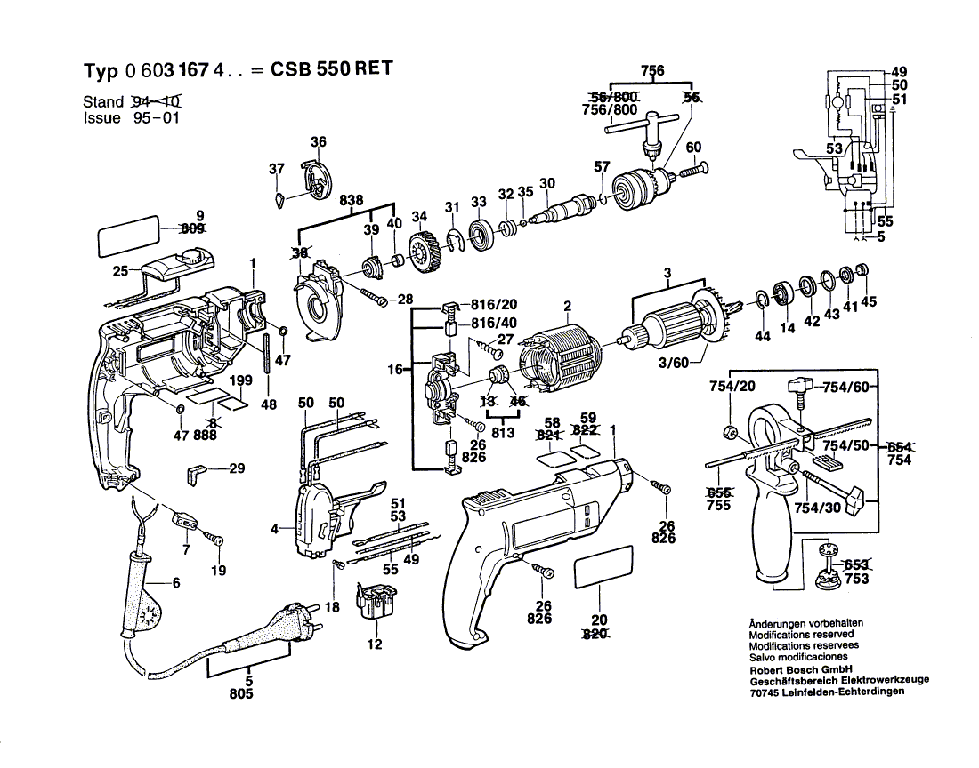 Для ударной дрели Bosch CSB 550 RET 230 V 0603167403, деталировка 1